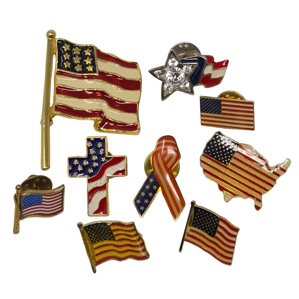Americana Pin & Brooch Lot Patriotic USA 9 Piece Enamel Jewelry Set & Bundle
